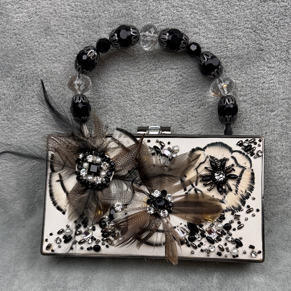 Mary Frances Elegant Black and Cream Beaded Clutch